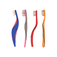 Toothbrushes vector set. Dentistry concept, oral care. Different toothbrushes designs. Teeth cleaning accessories. Colorful vector set isolated on a white background