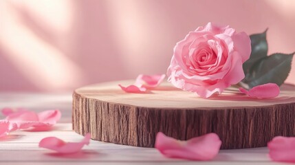Wooden podium with pink rose and petals to demonstrate products, cosmetics and gifts. Valentine, mother day and women day concept with generative ai