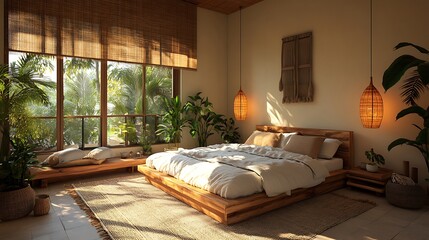 An eco-conscious bedroom with minimalistic, sustainable decor, a recycled wood bed, natural fiber pillows, and indoor greenery, capturing a clean, earthy aesthetic --ar 16:9