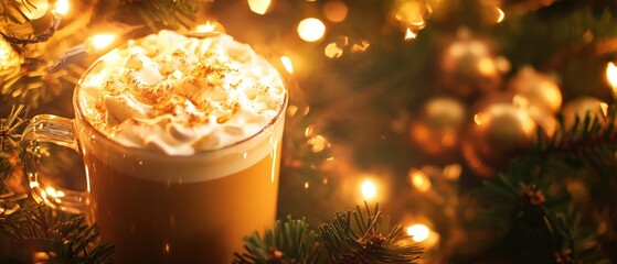 Cozy winter drink with festive lights and decor