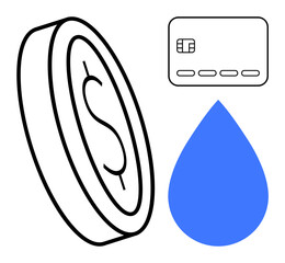 Coin with dollar symbol, credit card, and blue water drop. Ideal for finance, savings, eco-friendliness, sustainability, resource management budgeting green initiatives. Line metaphor