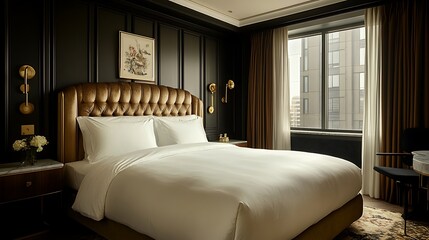 Obraz premium An elegant bedroom with luxurious silk bedding, a gold-accented headboard, marble nightstands, and soft, dim lighting, capturing a modern, refined atmosphere --ar 16:9