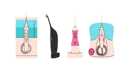 Oral hygiene care products. Dental cleaning tools vector illustration. Electrical oral irrigator. Brushing teeth equipment for caries prevention. Colorful set isolated on a white background