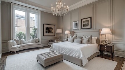 An elegant modern classic bedroom with soft gray walls, intricate crown molding, a stylish chandelier, and a cozy reading nook, combining traditional and contemporary touches --ar 16:9