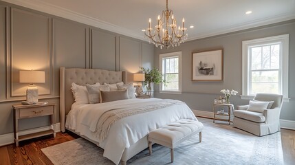 An elegant modern classic bedroom with soft gray walls, intricate crown molding, a stylish chandelier, and a cozy reading nook, combining traditional and contemporary touches --ar 16:9
