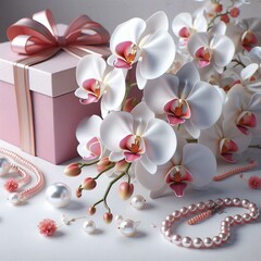 A pink gift box with a white orchid and a pearl necklace and earrings, evoking elegance.