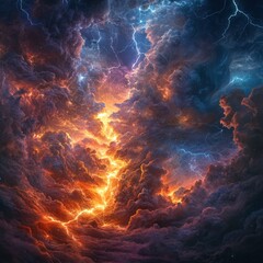 Dramatic storm clouds with lightning bolts in the sky