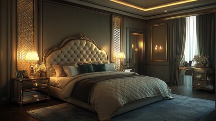 An upscale bedroom with quilted bedding, mirrored nightstands, metallic accents, and subtle, soft lighting, creating a sophisticated, opulent retreat --ar 16:9