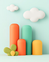 Colorful 3D shapes and clouds create playful, modern scene