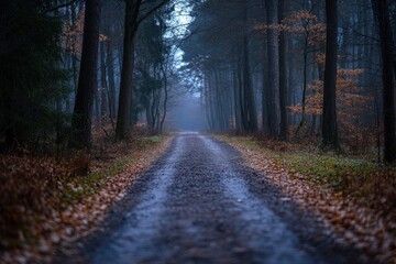 Obraz premium A dirt road through a misty forest.