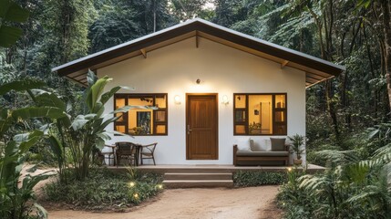 A small white bungalow with wooden door