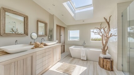 Contemporary beach-inspired bathroom, light sandy tones, large skylights, driftwood decor, tranquil feel