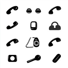 Phone icons collection. Contact us symbol. Call sign. Cell phone pictogram black & white isolated on white background. Vector illustration