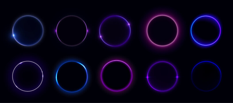 Solar eclipse circles showing moon covering sun on dark background. Glowing purple neon rings with bright luminous effects capture celestial phenomenon. Radiant circular shapes of astronomical event.
