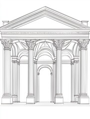 Minimalist Line Drawing of Elegant Renaissance Palace Facade with Symmetrical Arches and Columns on Clean White Background
