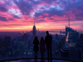Obraz premium Silhouetted figures admiring the stunning sunset over the city skyline