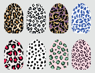 Leopard pattern nail art set in vibrant colors. Perfect for beauty themes, fashion design visuals, and manicure illustrations.