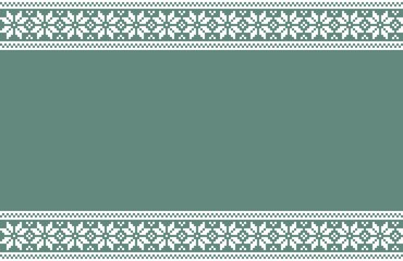 Geometric ethnic texture embroidery in pixel art with white pattern, green background and copy space. used in wallpaper, clothing, carpet, wrapping, batik, fabric, background, christmas card