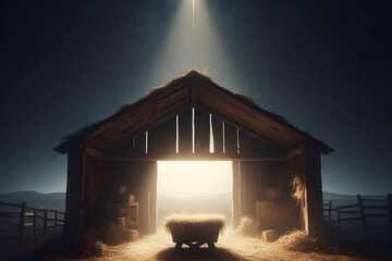 Nativity Scene - Birth Of Jesus Christ With Manger In Snowy Night And Starry Sky