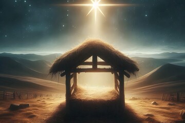 Nativity Scene - Birth Of Jesus Christ With Manger In Snowy Night And Starry Sky