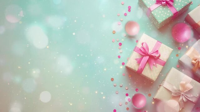 Colorful Gift Boxes Tied with Ribbons on Blue Background. Seamless looping motion design. Video animation. A vibrant collection of gift boxes wrapped with colorful paper and ribbons, set against blue