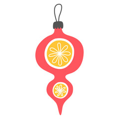 Red christmas ball, icicle with yellow and white decor isolated on white. New Year's toy. Christmas tree decor. Cute cartoon illustration.	