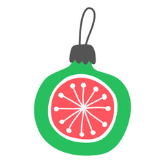 Green christmas ball with red and white decor isolated on white. New Year's toy. Christmas tree decor. Cute cartoon illustration.	