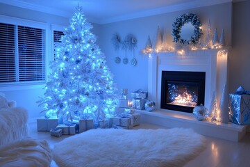 White Christmas tree with blue lights and silver decorations, presents under the white fireplace,...