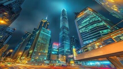 Obraz premium Vibrant city skyline at night with illuminated skyscrapers and blurred motion of traffic