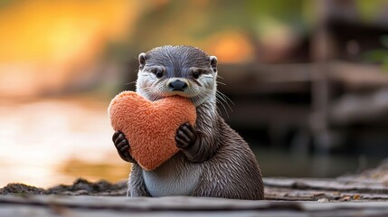 Obraz premium Cute animal fluffy cuddly and mischievous concept. A cute otter holds a heart-shaped object, showcasing a playful and affectionate demeanor against a serene natural background.