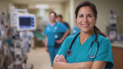 Healthcare Professional in Scrubs Stands Confidently in a Hospital Ward, Ready to Care for Patients, During a Busy Shift Alongside Fellow Medical Staff