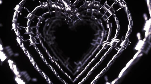 A dark, captivating video of intertwined barbed wire forming a heart shape, evoking themes of love and pain.