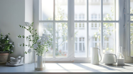 Modern stylish bright interior. A window with a vase of flowers and a white mug on the table. Spring time. The scene is bright and cheerful, sunlight penetrates through the window