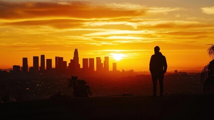 Fototapeta premium silhouette of a person overlooking a city skyline at sunset