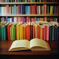 Rows of colorful books on a wooden bookshelf with an open book in the foreground