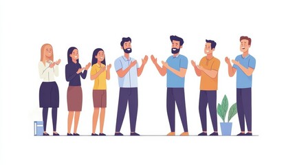 Group of company employees congratulating their happy male colleague on job well done applauding standing in modern office. Business people and group of staff clapping to smiling man.