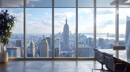 Stylish modern minimalist office on the high floor of a building with panoramic windows overlooking a large American city with skyscrapers, river and sky