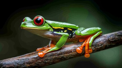 Naklejka premium Colorful tree frog perched on a branch in its natural rainforest habitat during daylight hours, showcasing vibrant colors and unique features