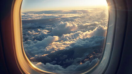 Advertising flights on airplanes. View of the sky from the window of an airplane with clouds and the sun. The sun is setting and the sky is painted in blue and orange tones. Travel and tourism