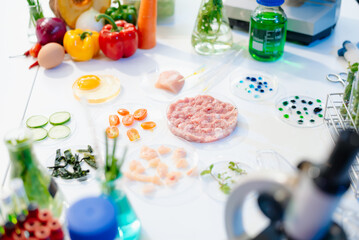 Explore a modern food science lab with fresh samples, test tubes, and microscopes. Ideal for biotechnology