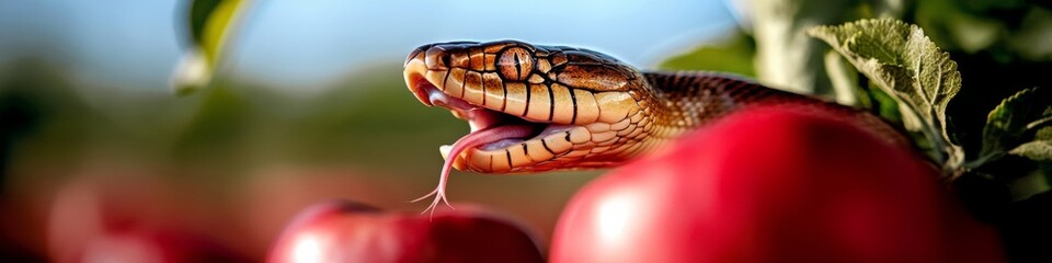 Fototapeta premium A snake curiously exploring a lush apple orchard during warm sunlight in early autumn