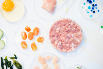 Explore a modern food science lab with fresh samples, test tubes, and microscopes. Ideal for biotechnology