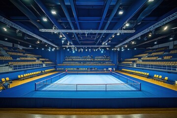Fototapeta premium Empty indoor stadium with a blue floor. The image is perfect for representing indoor events, competitions, or sports.