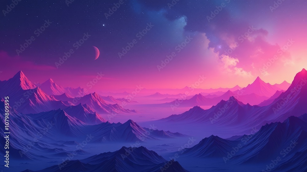 Poster a beautiful mountain range with a pink sky and a large moon in the background