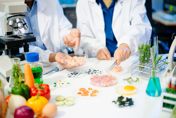 Team of scientists examining food samples in a lab with microscopes. Perfect for themes of food science, biotechnology,