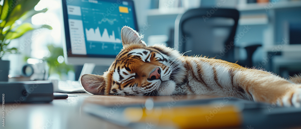 Poster tiger rests peacefully on desk in modern office, surrounded by technology and greenery, creating uni