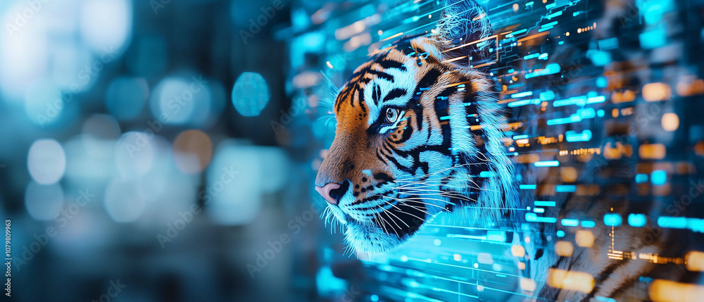 Poster tiger in modern office surrounded by technology and digital elements, creating futuristic atmosphere