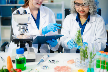 Team of scientists examining food samples in a lab with microscopes. Perfect for themes of food science, biotechnology,