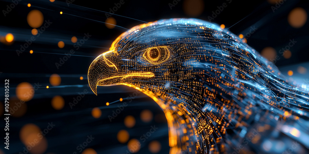 Poster digital illustration of eagle made of glowing binary code, symbolizing technology and innovation. vibrant colors and dynamic lines create futuristic and captivating image