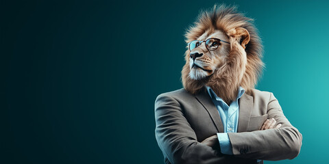 lion in business casual outfit stands confidently against teal background, exuding professionalism and strength